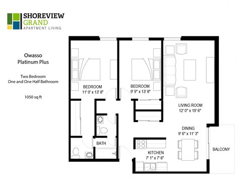 Floor plan for 2 beds, 1 bath, 1050 sqft